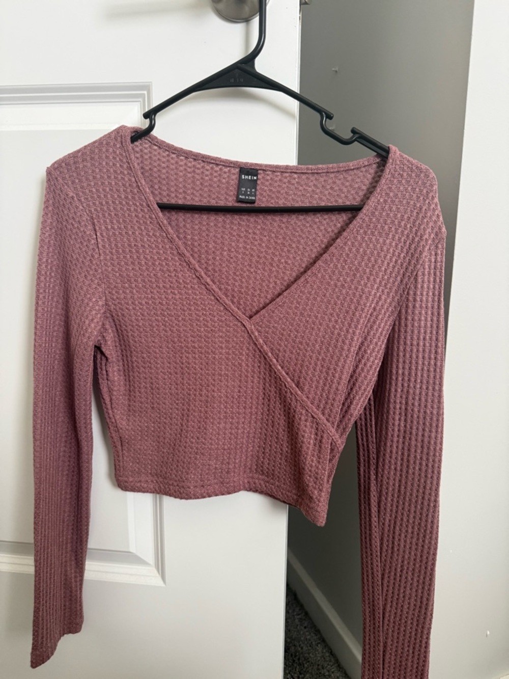 SHEIN Dusty Mauve Waffle Knit Wrap Crop Top